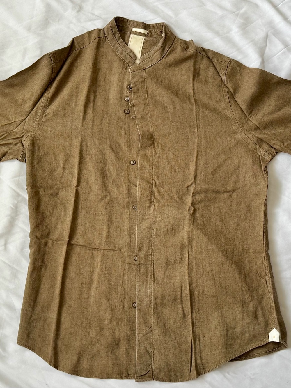 Casual Short-Sleeve Mandarin Collar Shirt - Brown